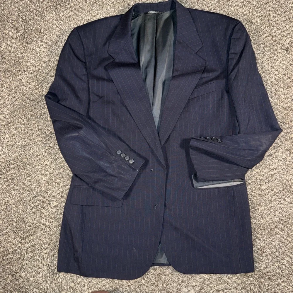 Vintage 80s Christian Dior Monsieur‎ Navy Blue Pinstripe Wool Blazer 43L